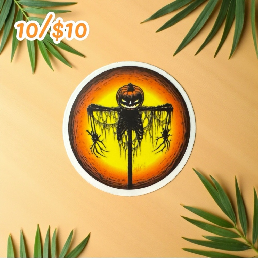 Halloween Sticker – Creepy Pumpkin Scarecrow Orange Yellow Sunset Round